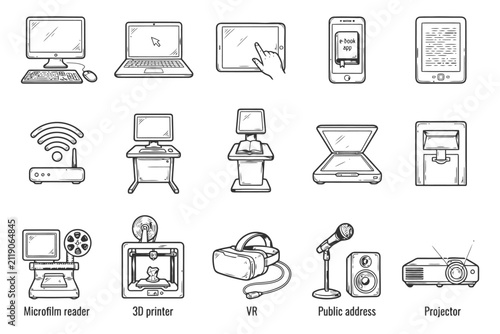 Vintage and modern technology devices: computers, tablets, projectors, and vr.