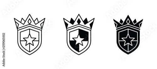 Royal Crest Emblem Set, Heraldic Shield with Star and Crown Icons, Black and White Vector Graphics