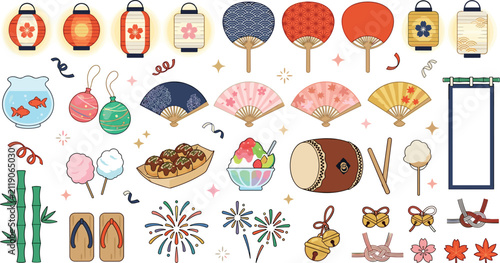 Japanese matsuri summer festival traditional vector element set with paper lanterns folding fans takoyaki drum and geta sandals