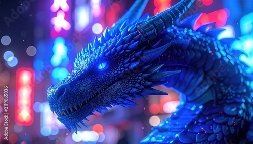 Majestic Blue Dragon Amidst the Neon Lights of a Futuristic Cityscape.