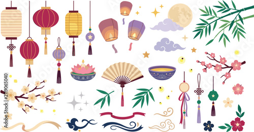 Chinese mid autumn festival traditional vector element set with paper lanterns moon folding fan bamboo cherry blossom and ornaments