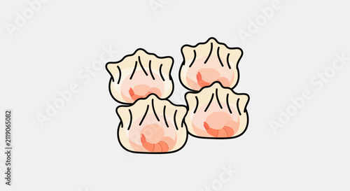 Four stylized shrimp dumplings are arranged in a cluster