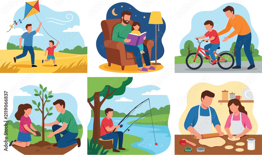 Fototapeta premium Parent and Child Bonding Activities Flat Vector Illustration Collection for Family Lifestyle