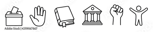 Collection of black outline icons symbolizing civil rights, democracy, and justice, including a ballot box, raised hand, law book, government building, protest fist, and a person