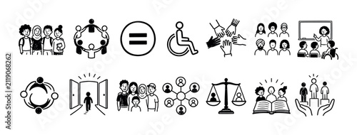 Collection of hand-drawn black icons illustrating concepts of diversity, social equity, inclusive education, community, and accessibility in a minimalist doodle style