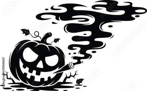 Obraz na płótnie Halloween pumpkin smoking joint with large dark smoke cloud vector silhouette il