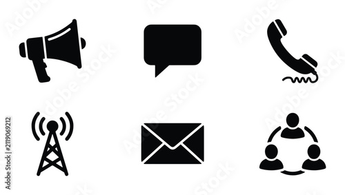 Communication Icons Set: Megaphone, Chat Bubble, Phone, Antenna, Envelope, Network. Vector Graphics for Business and Technology