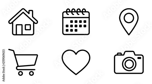 Minimalist Line Icons: House, Calendar, Location, Cart, Heart, Camera, Vector Set