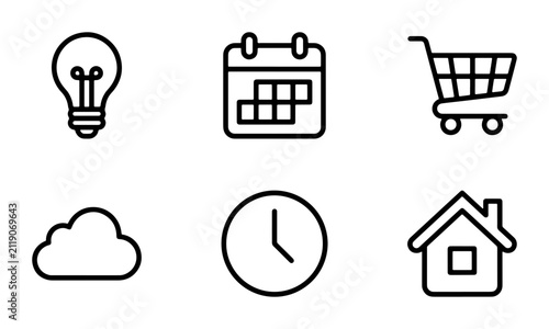 Minimalist Icon Set: Lightbulb, Calendar, Shopping Cart, Cloud, Clock, House Icons