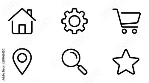 Minimalist Line Icons: Home, Settings, Cart, Location, Search, Star - Vector Set