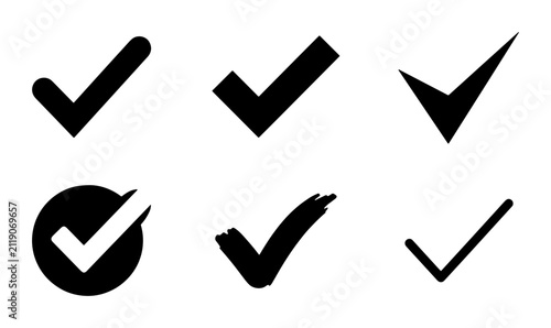 Six Black Check Mark Icons, Vector Graphics, Simple Tick Symbols for Approval and Success