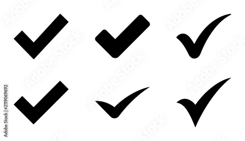 Set of Six Black Check Mark Icons, Simple Tick Symbols, Graphic Design Elements, Approved Status, Success Confirmation