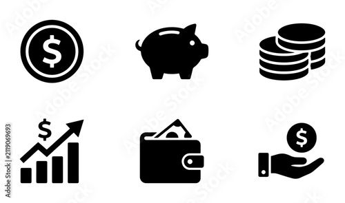 Money Icons Set: Piggy Bank, Coins, Wallet, Growth Chart, Hand with Coin, Finance Vector Icons