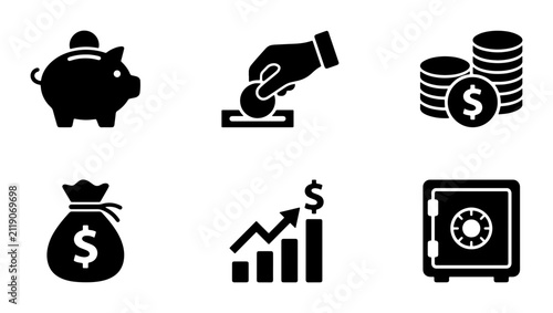 Money Icons Set: Piggy Bank, Coin Deposit, Stacked Coins, Money Bag, Growth Chart, Safe