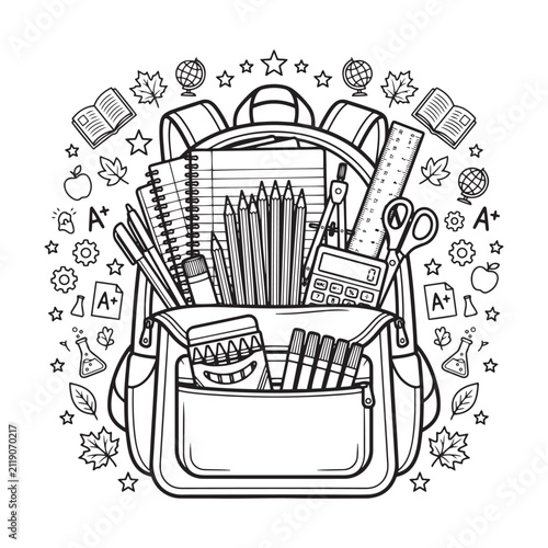 Backpack Filled With School Supplies Detailed Black And White Illustration