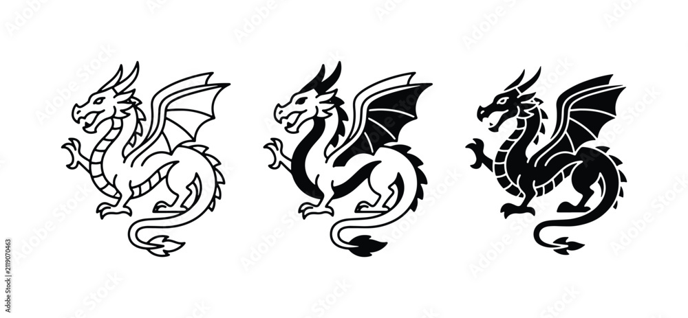 Fototapeta premium Dragon Icons, Mythical Creature Vector Graphics, Heraldic Beast Symbols, Fantasy Art