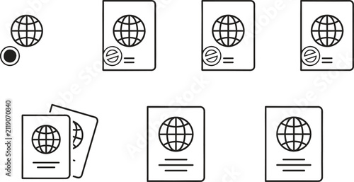 Vector line icon set featuring passport document global travel citizenship visa restriction immigration identity,