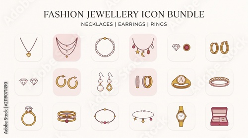 Fashion Jewellery Icon Bundle Featuring Necklaces, Earrings and Rings Vector Collection