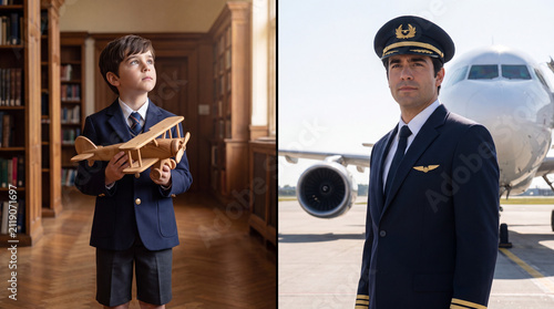 Little boy dreaming of becoming a pilot. Child holding toy plane next to adult aviator.