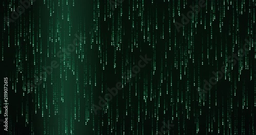 Hexadecimal code symbols cascade in a dense, phosphor green storm, creating a futuristic animation.