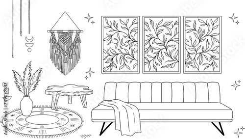 Cuadro en lienzo Boho living room interior design cozy apartment furniture triptych wall art vect