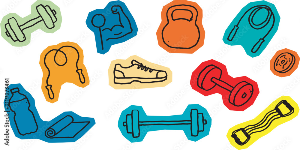 Fototapeta premium Collection of colorful cartoon fitness equipment icons for exercise and healthy lifestyle.