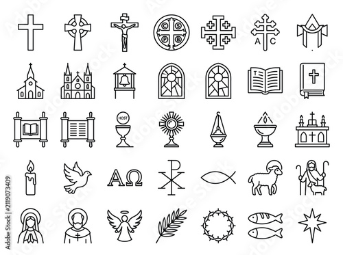 Bild auf Leinwand Christian religious line icons set, 35 catholic church symbols in EPS format, sp