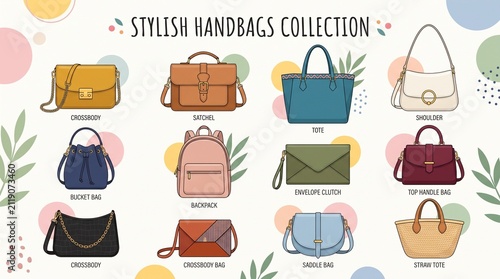 Stylish Handbags Collection Flat Vector Set | Modern Fashion Tote, Crossbody & Luxury Bag Illustrations