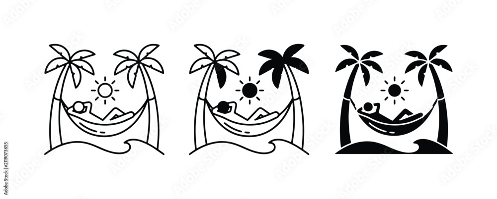 Obraz premium Relaxing Beach Hammock Icons, Tropical Vacation Scenes, Summer Leisure Vector Set