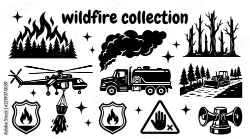 Foto wildfire disaster elements featuring forest fires smoke flames burned trees fire