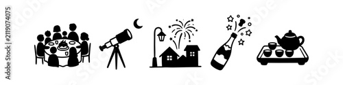 Set of minimalist black silhouette icons depicting festive celebrations, family gatherings, stargazing, fireworks, and traditional tea time. Perfect for event planning and holiday themes.