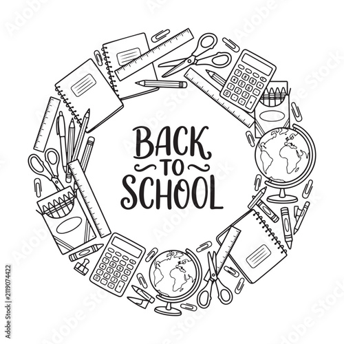 School supplies arrangement black and white vector illustration