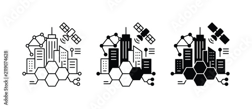 Fotografie Smart City Icons, Urban Technology Network, Satellite Connectivity, Futuristic A