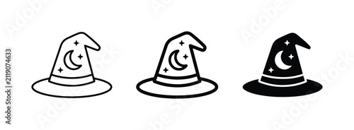 Witch Hat Icons, Magic Moon and Stars Symbols, Halloween Costume Elements, Vector Graphics Set