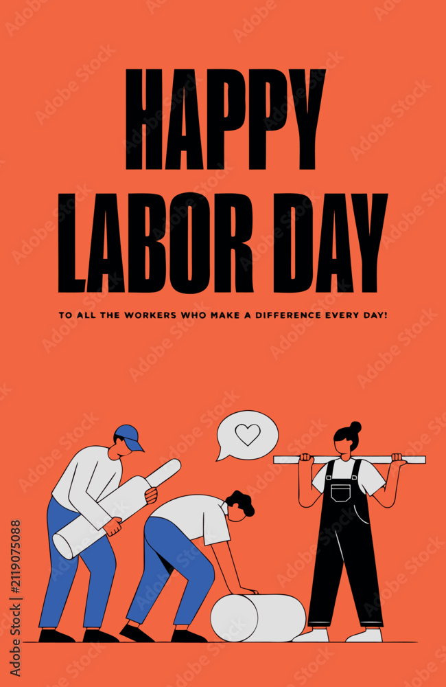 Obraz premium A vertical labor day poster featuring a group of workers in blue trousers and white shirts, carrying construction and tools