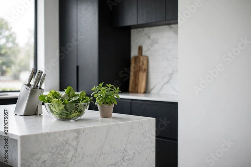 Modern Kitchen Counter with Fresh Greens and Herb Plant