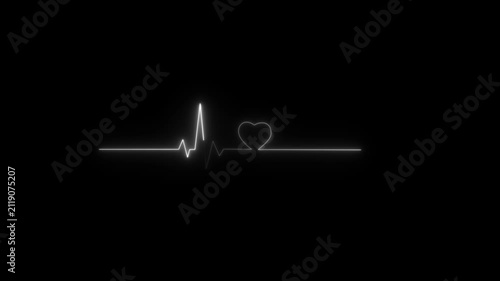 Animation of love white heartbeat animation on black background. Neon Heartbeat Pulse icon concept