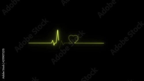 Animation of love yellow color heartbeat animation on black background. Neon Heartbeat Pulse icon concept.  4k video