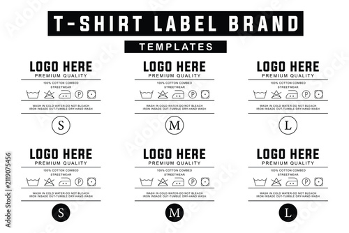 T-shirt label brand templates with care instructions and size indicators
