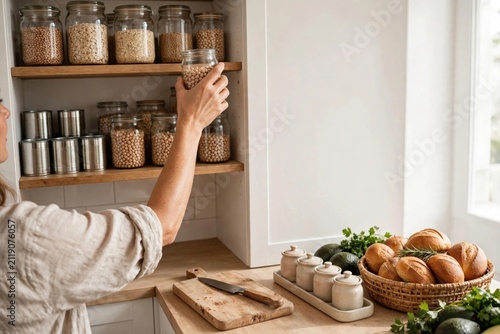 Woman reaching for jar in kitchen pantry