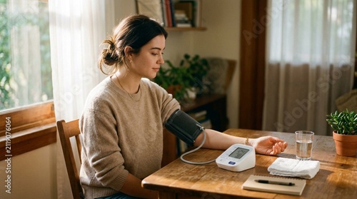 Young woman in beige sweater measures blood pressure with digital cuff monitor at sunlit wooden desk, calm home wellness routine with plants, notebook, and glass of water