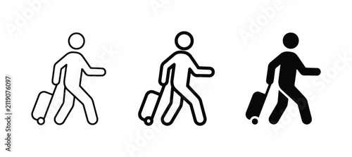 Traveler Icons Set, Person with Suitcase Vector Graphics, Walking Silhouette for Airport and Holiday Concepts