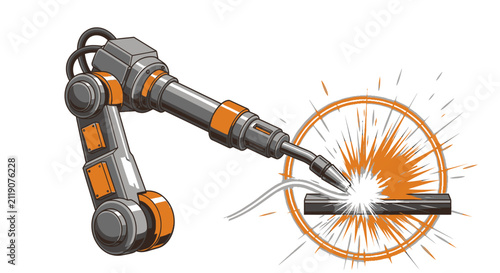 Industrial robotic arm welding metal parts with sparks
