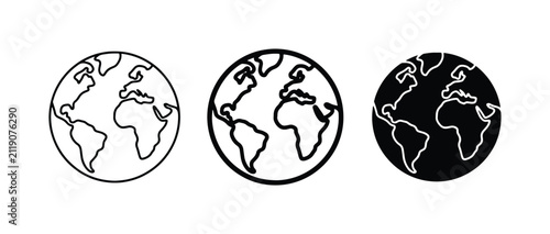 Set of Three Globe Icons: Outline, Filled, and Silhouette Earth Representations for Global Concepts, Travel, and Connectivity