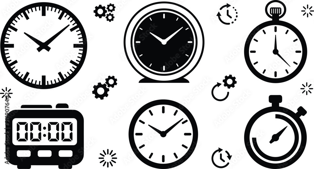 Fototapeta premium Collection Of Black Clock Silhouettes And Gear Icons On White Background