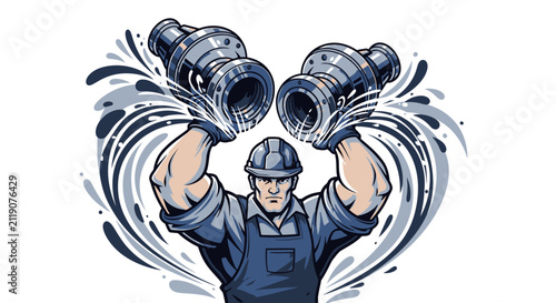 Strong worker holding industrial pipes