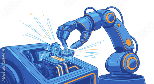 Industrial Robot Arm Working on Machinery
