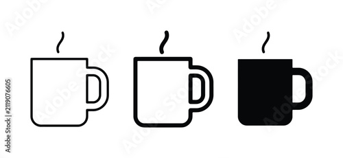 Hot Beverage Icons: Steaming Coffee Mugs in Outline, Filled, and Silhouette Styles, Vector Set for Cafe and Drink Graphics