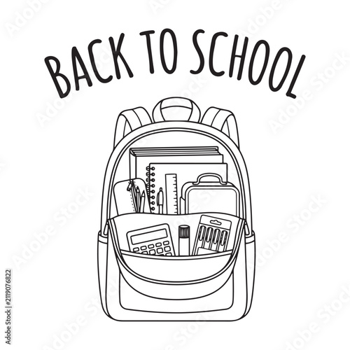 Open Backpack Filled With School Supplies Black And White Line Drawing