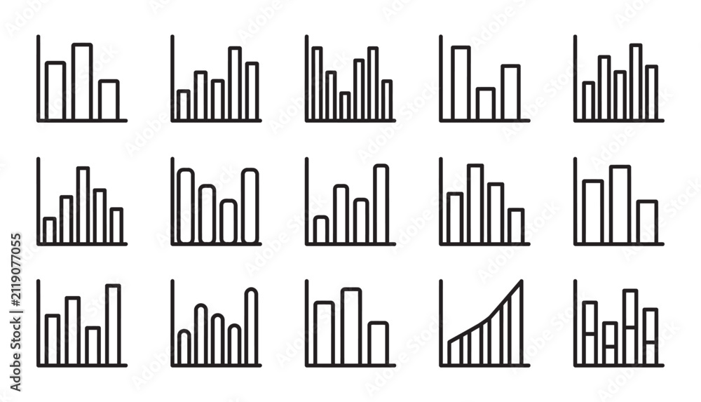 Obraz premium A collection of fifteen different hand drawn bar chart icons isolated on a white background representing various business data analysis growth trends